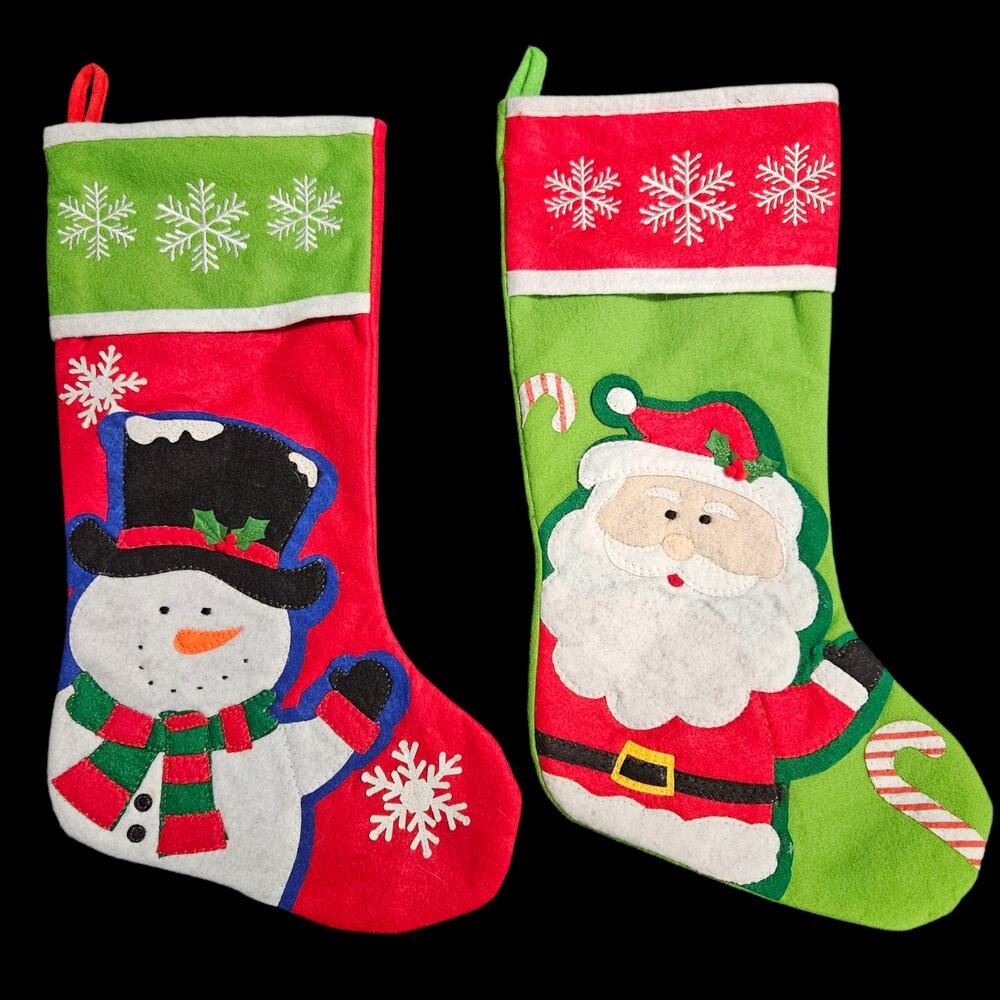 Pair Christmas Stockings Santa Snowman Felt Prima Creations Holiday Decor